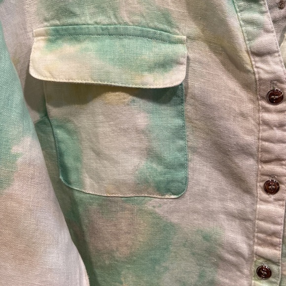 100% Linen Pastel Green & Yellow Tie Dye V Neck Button Down Top Size 14 - Picture 5 of 7